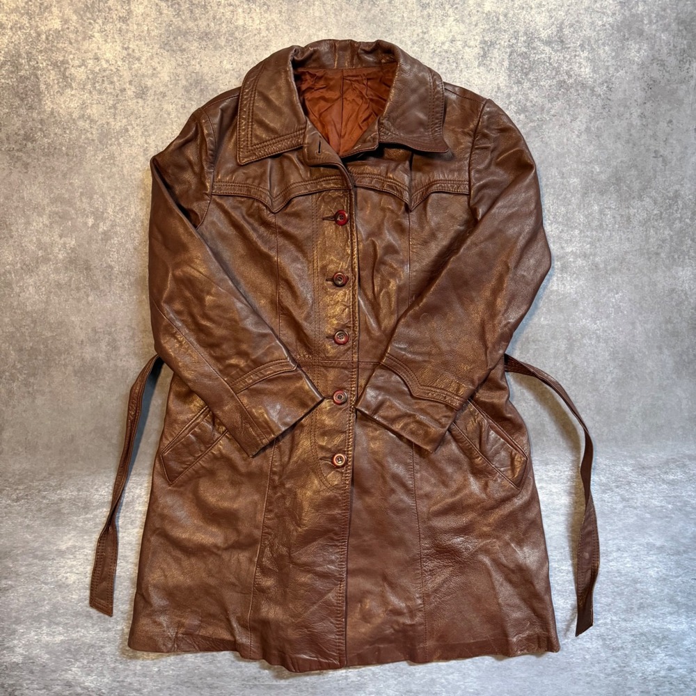 Vintage‎ 70s Western Brown Leather Trench Coat Jacket Belted Womens Size 20